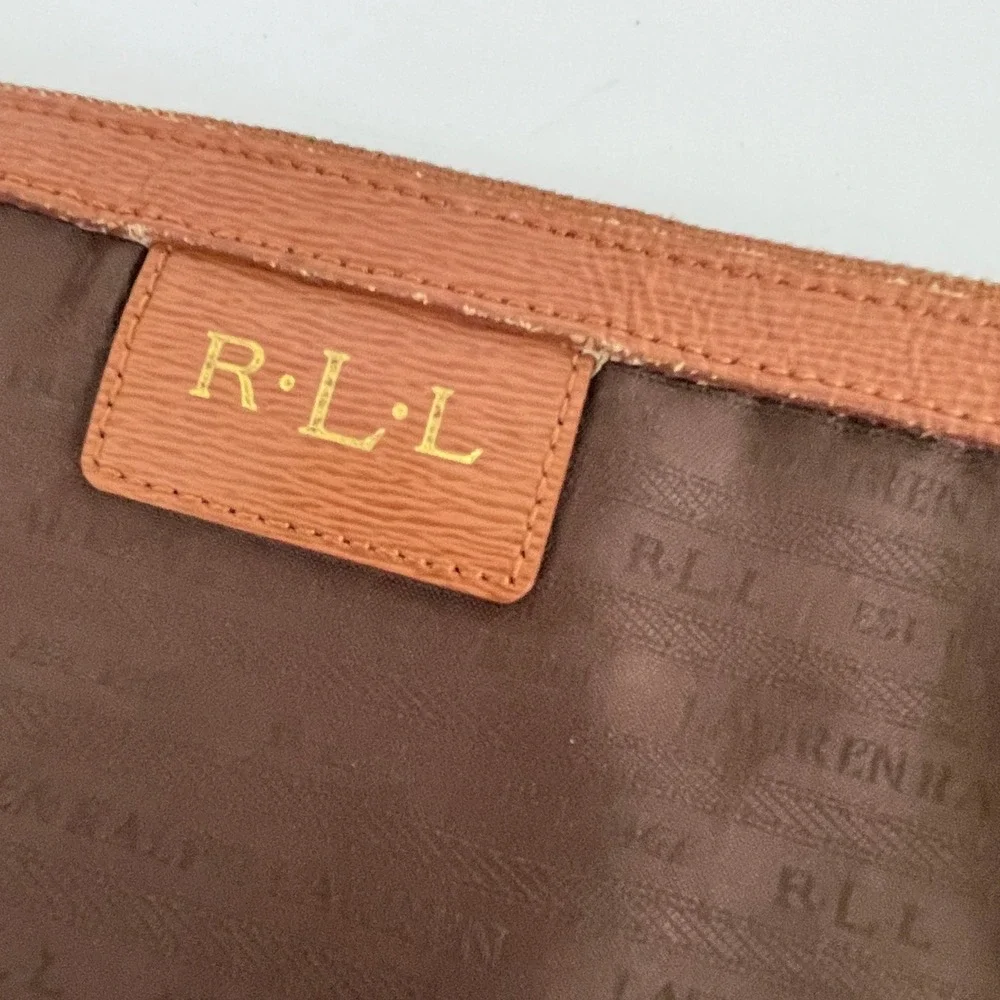 Lauren Ralph Lauren Brown Nylon Logo Pouch Makeup Bag Gold‎ Hardware RLL